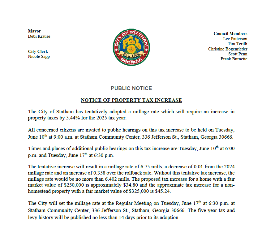 Millage Public Notice on letterhead